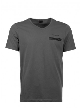 Grey  V Neck Pocket Detailed %100 Cotton T-Shirt